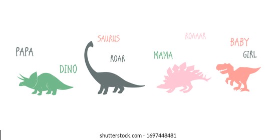 Funny cartoon dino girl family. Cute baby dinosaur design for cool girl t-shirt. Pink stegosaurus, baby tyrannosaur, triceratops dino, brachiosaurus roar. Doodle vector illustration white background.