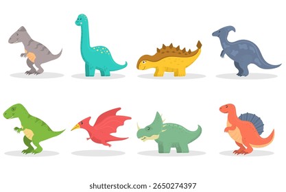 Funny cartoon dino vector isolated baby dinosaur character design happy colorful children illustration background cute prehistoric fantasy wildlife reptile tyrannosaurus triceratops stegosaurus bronto