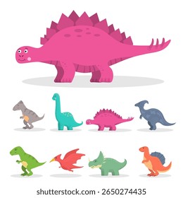 Funny cartoon dino vector isolated baby dinosaur character design happy colorful children illustration background cute prehistoric fantasy wildlife reptile tyrannosaurus triceratops stegosaurus bronto