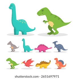 Desenho animado dino vetor isolado bebê dinossauro personagem design feliz crianças coloridas ilustração fundo bonito pré-histórico fantasia réptil tyrannosaurus triceratops stegosaurus bronto