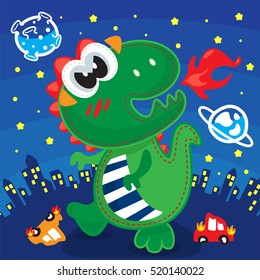 Funny cartoon dinosaur is attacking the city on starry night sky background  illustration vector.