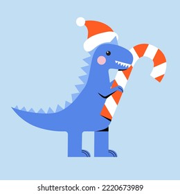Funny cartoon dinosaur with candy cane on blue background. Abstract geometric Christmas Dino. Hand drawn modern style vector illustration