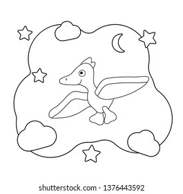 Funny cartoon dinosaur character. Dino print for coloring. Pterodactyl flies among the clouds and stars. For posters, coloring pages, vector illustration. Prehistoric lizard in cartoon style