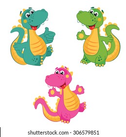 Funny Cartoon Dinosaur in Different Colors Vector Set Illustration. Blue, Green And Pink Dinosaur on a White Background.