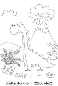 Funny cartoon dinosaur Diplodocus. Black and white vector illustration for coloring book