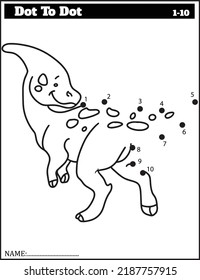 Dinosaurio divertido de dibujos animados. Juego de punto a punto para niños, Hoja de cálculo de números.