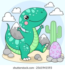 Funny cartoon dinosaur with an egg on the background of a prehistoric landscape. For children's design of prints, posters, cards, stickers, puzzles, etc. Vector illustration