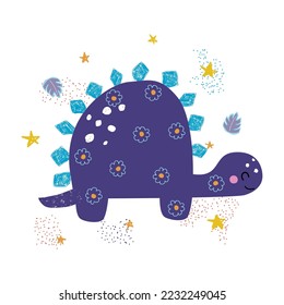 Funny cartoon dinosaur with flowers. Childish print. Vector hand drawn illustration.