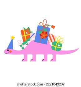 Funny cartoon dinosaur with gifts on back isolated on white background. Abstract geometric Christmas Dino. Hand drawn modern style vector illustration