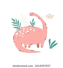 Funny cartoon dinosaur in hand drawn playful style. Adorable prehistoric design perfect for prints, posters, t-shirts, decor.