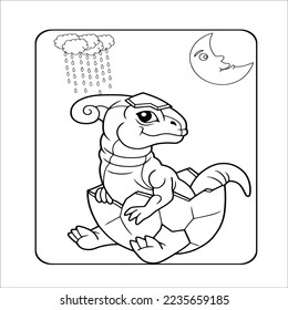 Funny cartoon dinosaur and his nest with little dino. Black and white vector illustration for coloring book