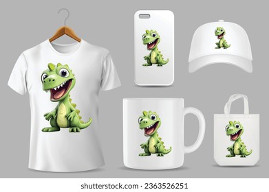 Funny Cartoon Dinosaur Illustration On Different Product Templates