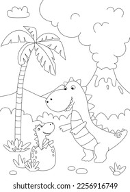 Funny cartoon dinosaur and little dino. Black and white vector illustration for coloring book