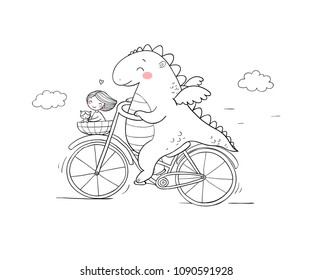 A funny cartoon dinosaur on a bicycle. Cute dragon traveler, girl and cat. Vector illustration.
