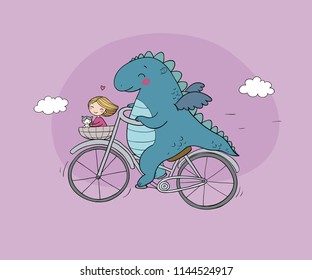 A funny cartoon dinosaur on a bicycle. Cute dragon traveler, girl and cat. Vector illustration.