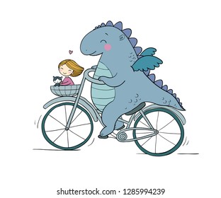 A funny cartoon dinosaur on a bicycle. Cute dragon traveler, girl and cat. Vector illustration.