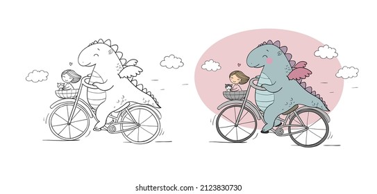 Un divertido dinosaurio de dibujos animados en una bicicleta. Traidor de dragón, chica y gato. Vector. Ilustración para colorear libros. Versiones monocromas y coloreadas.