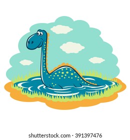 Funny cartoon dinosaur that sits on the lake.