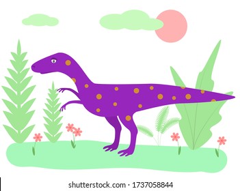 Funny cartoon dinosaur. Vector color image in a flat style.