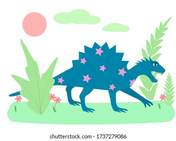 Funny cartoon dinosaur. Vector color image. Flat style.