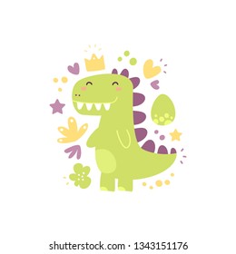 Funny, cartoon dinosaur. Vector illustration for kids game, book, t-shirt, textile, patches, pins, badges, stickers, cards. Isolated, flat design. Drawing for child. Magic creature
