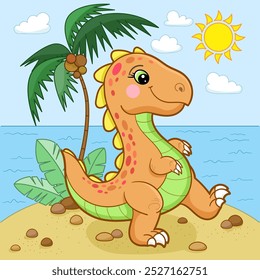 Engraçado desenho animado dinossauro andando ao longo da costa. Design plano. Para desenhos infantis de estampas, cartazes, postais, adesivos, quebra-cabeças, etc. Ilustração vetorial