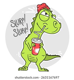 Funny cartoon dinosaur wearing a cap and sipping a drink through a straw from a cup. Cute and playful illustration