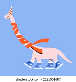 Funny cartoon dinosaur wears red scarf and skates on blue background. Abstract geometric Christmas Dino. Hand drawn modern style vector illustration