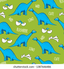 Funny cartoon dinosaurs, bones, and eggs with babys. Cute brontosaurus characters. Hand drawn vector doodle set for kids. Good for textiles, nursery, wallpapers, wrapping paper, clothes. - Vector