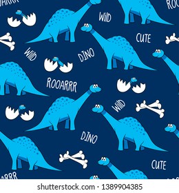 Funny cartoon dinosaurs, bones, and eggs with babies. Cute brontosaurus characters. Hand drawn vector doodle set for kids. Good for textiles, nursery, wallpapers, wrapping paper, clothes. - Vector