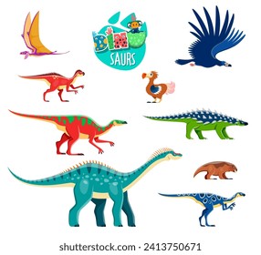 Funny cartoon dinosaurs characters. Jurassic era animal, paleontology or prehistoric reptile vector personage. Dimorphodon, Argentavis, Dodo and Saichania, Anatotitan, Gipsilofodon extinct dinosaur