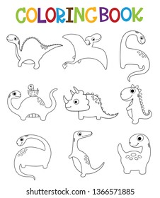 Funny cartoon dinosaurs collection.  Coloring book. Vector illustration.