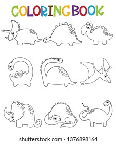 Funny cartoon dinosaurs collection.  Coloring book. Vector illustration.