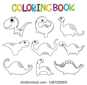Funny cartoon dinosaurs collection.  Coloring book. Vector illustration.