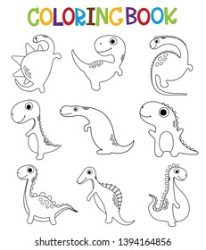 Funny cartoon dinosaurs collection.  Coloring book. Vector illustration.