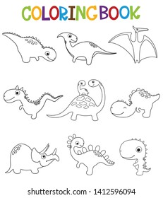 Funny cartoon dinosaurs collection.  Coloring book. Vector illustration.