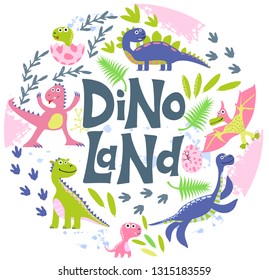 Funny cartoon dinosaurs collection. Dino color flat hand drawn vector character set . Cute dinosaurs. Isolated cartoon illustration for kid game, book, t-shirt, textile. Dino land.