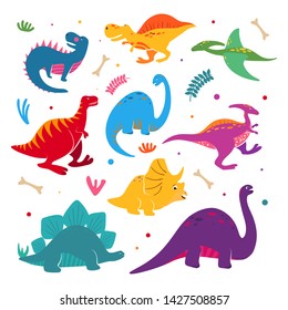 Funny cartoon dinosaurs collection. Jurassic period dinosaur vector set in hand drawn cartoon style. 	
Cute dinosaurs character for kids illustration, cover, pattern, print for fabric. Dino print
