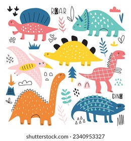 Funny cartoon dinosaurs collection. Vector illustration