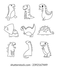 Funny cartoon dinosaurs. Cute Dino character. Coloring Page. Hand drawn style. Vector drawing. Collection of design elements.