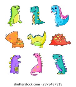 Funny cartoon dinosaurs. Cute Dino character. Hand drawn style. Vector drawing. Collection of design elements.