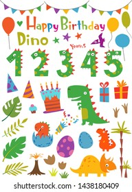 Funny cartoon dinosaurs and design elements for birthday card or party invitation. Vector illustration