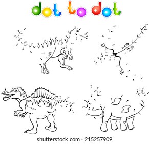 Funny cartoon dinosaurs. First set. Coloring book dot to dot