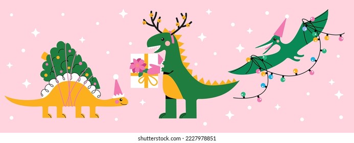 Funny cartoon dinosaurs with gift, Christmas lights and tree on pink background. Abstract geometric Holiday Dino horizontal banner. Hand drawn modern style vector illustration