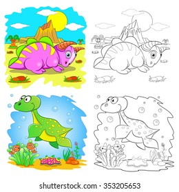 Funny cartoon dinosaurs in the natural landscape. Vector illustration. Coloring page.