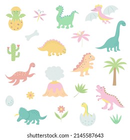 Funny cartoon dinosaurs and prehistoric elements set. Dino baby collection. 