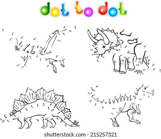 Funny cartoon dinosaurs. Second set. Coloring book dot to dot