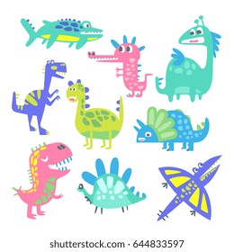 Funny cartoon dinosaurs set. Prehistoric animal characters vector Illustrations