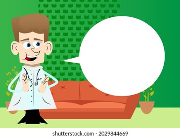 Funny cartoon doctor with clapping hands. Vector illustration.