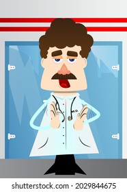 Funny cartoon doctor with clapping hands. Vector illustration.